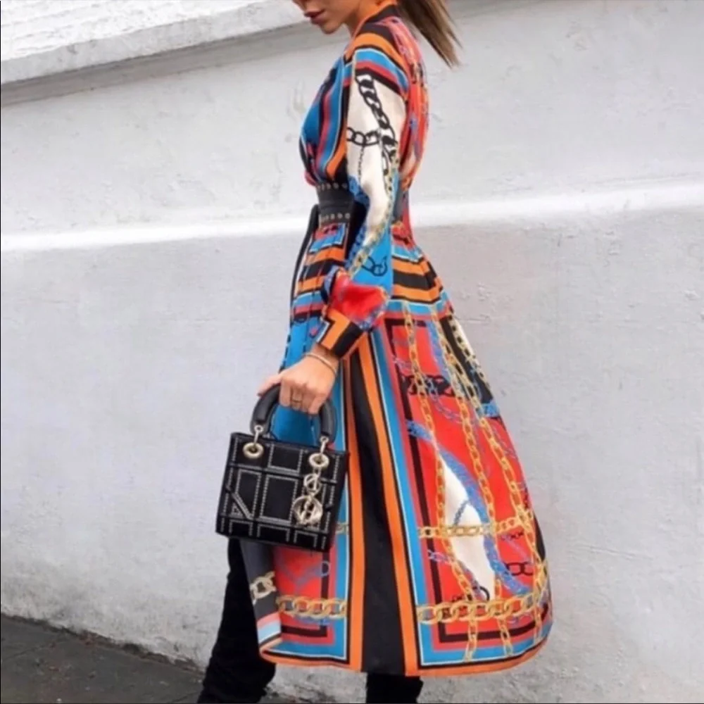 ZARA NWT BLOGGER FAVE Blue & Orange Chain Print Scarf Midi Shirt Dress Sz S - Picture 8 of 13